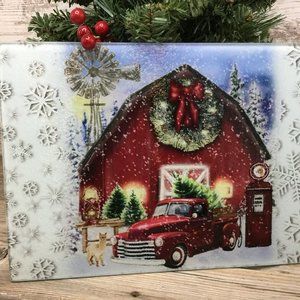 Red Truck Christmas on the Farm Alpaca Glass Cutting Board